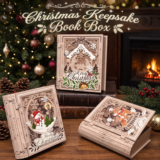 Christmas keepsake book box laser cut bundle, 3 wooden holiday memory boxes, reindeer nativity snowman decor, digital download