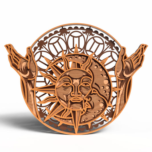 Celestial Sun Moon SVG | Layered Zodiac Wall Art Laser Cut File | Mystic Sun & Moon Decor SVG | Spiritual Wooden Mandala for Glowforge, xTool & CNC