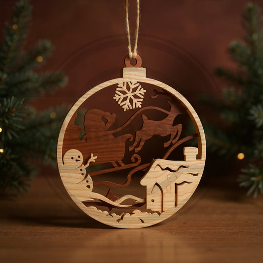 Santa Sleigh Christmas Ornament SVG | Layered Wooden Holiday Bauble Laser Cut File | Santa Claus Reindeer Christmas Tree Ornament