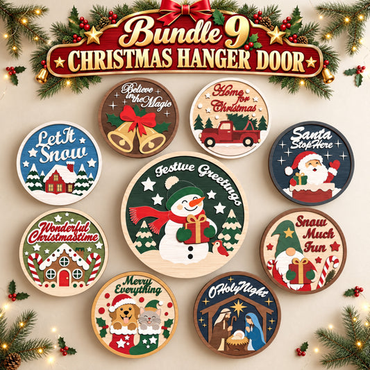Bundle of 9 Christmas Door Hanger Laser Cut Files, Round Wooden Holiday Signs, Santa Snowman Gingerbread Nativity Decor, Digital Download