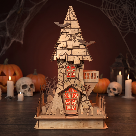 3D Halloween Haunted House Stand Ornament Spooky Ghost Witch Castle Laser Cut Vector Design for Glowforge Table Decor