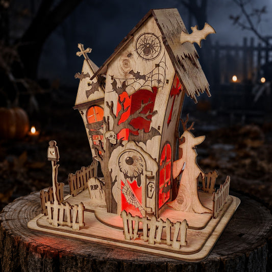 3D Halloween Haunted Cabin Light Box Spooky Eyeball Witch Lantern Laser Cut Vector Design for Glowforge Table Decor