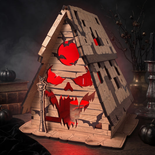 3D Halloween Haunted Cabin Light Box Spooky Skull Monster Face House Laser Cut Vector Design for Glowforge Table Decor