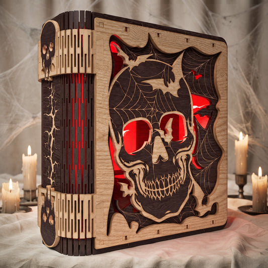 3D Halloween Book Nook Light Box Spooky Skull Spider Web Living Hinge Universal Vector Design for All Laser Cutters xTool Glowforge CNC