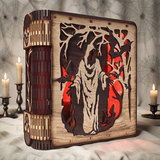 3D Halloween Book Nook Light Box Spooky Grim Reaper Living Hinge Universal Vector Design for All Laser Cutters xTool Glowforge CNC