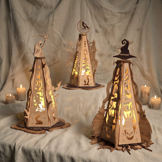 3D Halloween Tower Lantern Tea Light Holder Spooky Witch Grim Reaper Raven Bundle Universal Vector Design for All Laser Cutters xTool Glowforge CNC