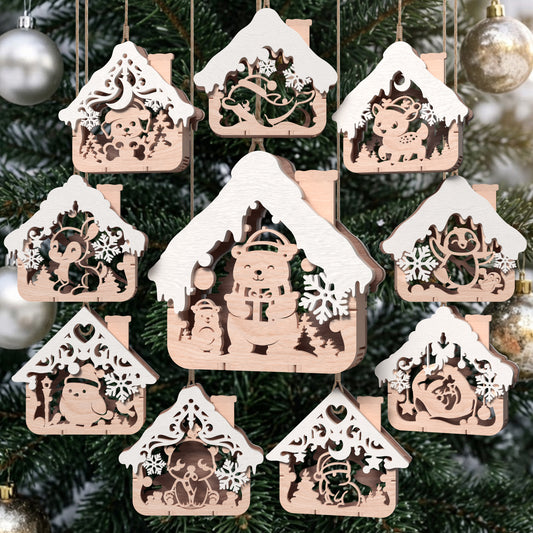 House-Shaped Christmas Tree Ornament Laser Cut Bundle, 10 Layered Animal Holiday Ornaments Digital Designs