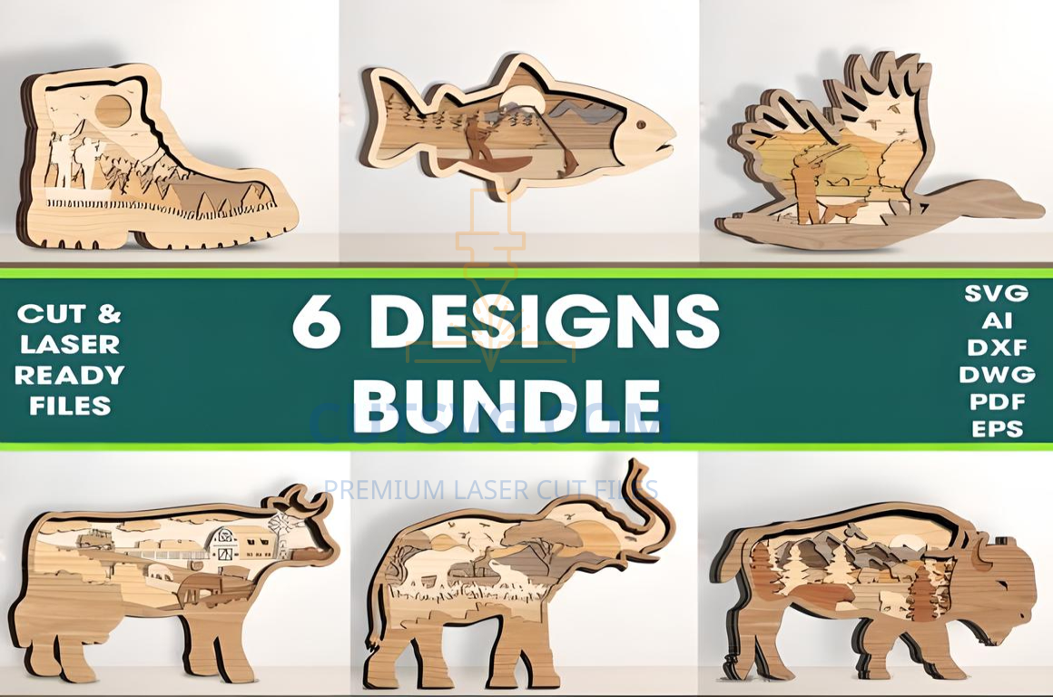Bundle 6 Designs Layered Animal Cut File , Laser Cut Wall Decor 324