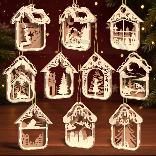 Christmas Layered Ornament SVG Bundle | Winter House Ornament Laser Cut Files | 3D Christmas Tree Decoration SVG for Glowforge, xTool & LightBurn