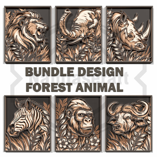 Safari Animal SVG Bundle | Layered Wildlife Wall Art SVG Collection | Lion Elephant Rhino Zebra Gorilla Buffalo Laser Cut Files