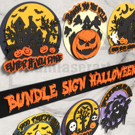 Halloween Round Sign Bundle Laser Cut Files SVG DXF | Haunted House Pumpkin Ghost Skeleton Wall Decor | Glowforge LightBurn Digital Download