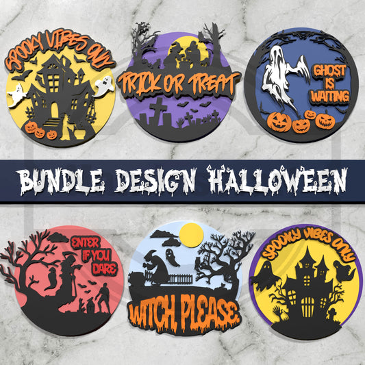 Halloween Round Sign Bundle Laser Cut Files SVG DXF | Trick or Treat Ghost Witch Haunted House Wall Decor | Glowforge LightBurn Digital Download