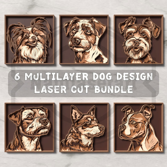 6 Multilayer Dog Design Laser Cut Bundle SVG | Layered Dog Portrait Wall Art | 3D Dog Breed Laser Cut Files | Glowforge CNC DXF PNG