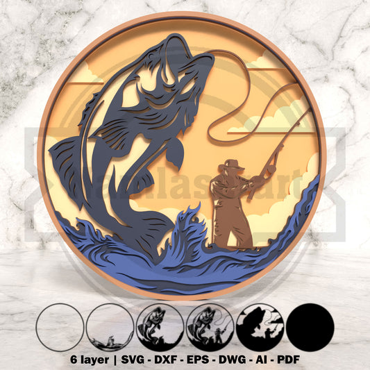 Bass Fishing Shadow Box Laser Cut File SVG DXF | 6 Layer Round Fisherman Wall Art | Glowforge LightBurn Digital Download
