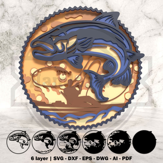 Bass Fish Round Shadow Box Laser Cut File SVG DXF | 6 Layer Fishing Wall Art Template | Glowforge LightBurn Digital Download