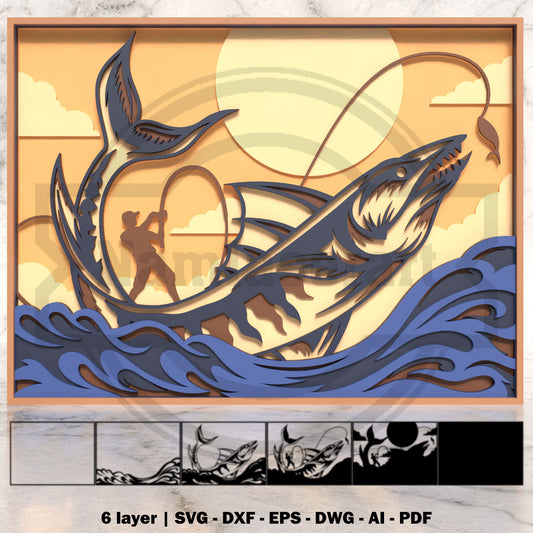Big Fish Fishing Shadow Box Laser Cut File SVG DXF | 6 Layer Fisherman Ocean Wall Art | Glowforge LightBurn Digital Download