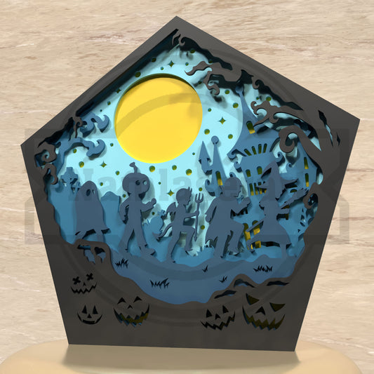 Trick or Treat Halloween Shadow Box SVG | Layered Halloween Kids SVG | Spooky Moonlight Laser Cut File for Glowforge & xTool