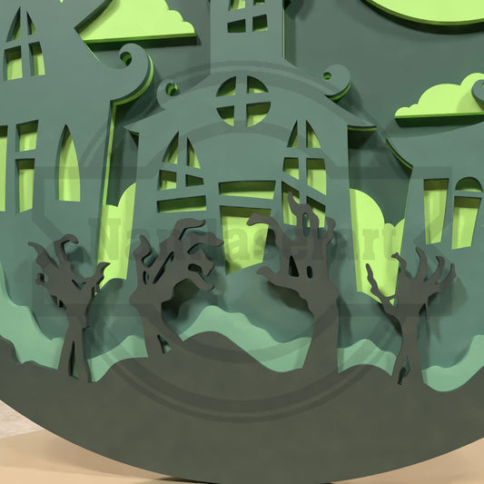Haunted House Halloween Shadow Box SVG | Zombie Hands Halloween SVG | Spooky Haunted Mansion Laser Cut File for Glowforge & xTool
