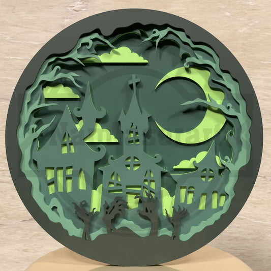 Haunted House Halloween Shadow Box SVG | Zombie Hands Halloween SVG | Spooky Haunted Mansion Laser Cut File for Glowforge & xTool