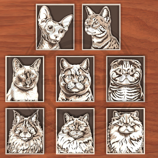 9 Multilayer Cat Portrait SVG Bundle | Layered Cat Face Laser Cut Files | Framed Pet Lover Wall Art for Glowforge, xTool, LightBurn & CNC