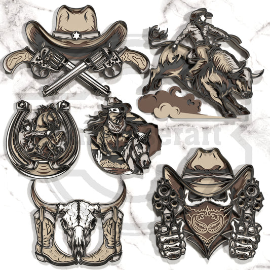 7 Multilayer Cowboy SVG Bundle | Western Laser Cut Files | Cowboy Hat, Revolvers, Bull Rider, Horseshoe, Longhorn & Cowboy Skull Wall Art for Glowforge, xTool, LightBurn & CNC