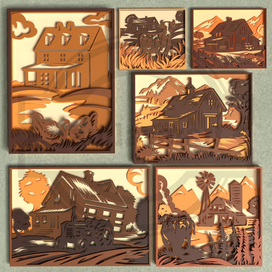 Farmhouse Animal Shadow Box Bundle Laser Cut Files SVG DXF | 6 Country Wall Art Templates | Glowforge LightBurn Digital Download