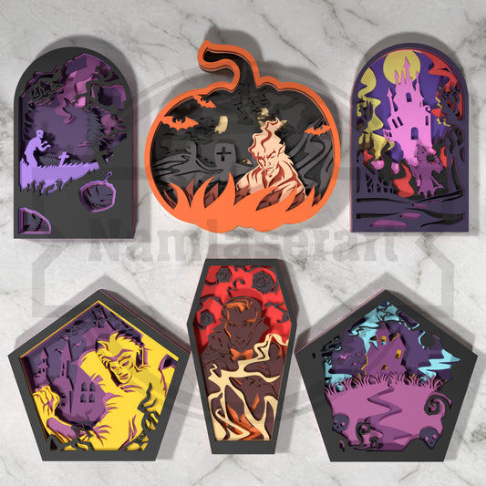 Halloween SVG Bundle | 6 Layered Spooky Shadow Box Designs | Haunted House, Pumpkin, Vampire & Ghost Laser Cut Files for Glowforge & xTool