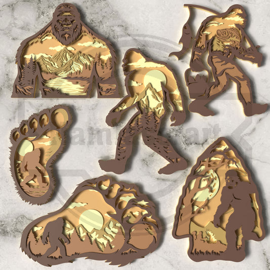 Bigfoot SVG Bundle | Multilayer Sasquatch Laser Cut Files | 6 Layered Forest Creature Wall Art Designs for Glowforge, xTool, LightBurn & CNC