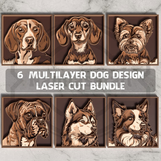 6 Multilayer Dog Design Laser Cut Bundle | Layered Dog Portrait SVG Files | Pet Lover Wall Art for Glowforge, xTool, LightBurn & CNC