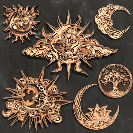 Sun and Moon SVG Bundle | Celestial Layered Mandala SVG Collection | Moon Phase & Sun Face Laser Cut Files for Glowforge, xTool & LightBurn