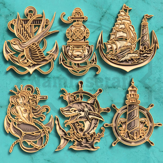6 Multilayer Nautical SVG Bundle | Layered Ocean Laser Cut Files | Lighthouse, Mermaid, Shark, Anchor & Sailboat Wall Art for Glowforge, xTool & CNC