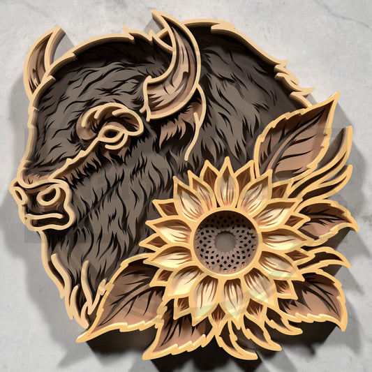 Multilayer Bison Sunflower Laser Cut 3D Buffalo Floral Profile Vector Design for All Laser Cutters xTool Glowforge CNC Wall Art