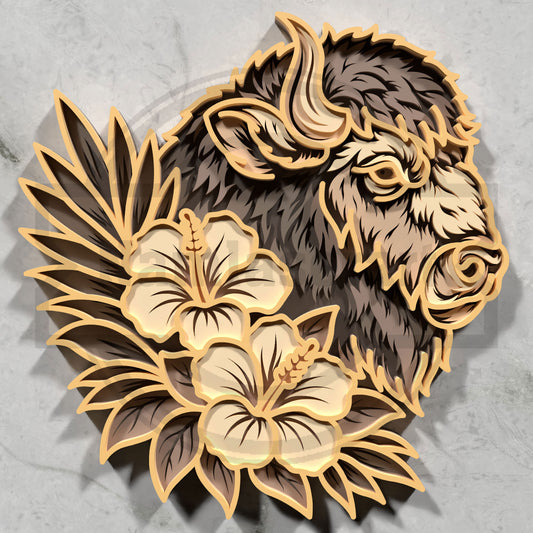 Multilayer Bison Hibiscus Laser Cut 3D Buffalo Tropical Floral Profile Vector Design for All Laser Cutters xTool Glowforge CNC Wall Art