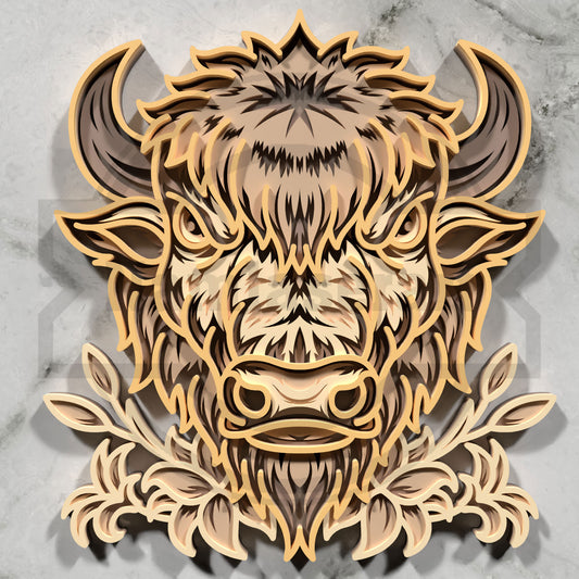Multilayer Highland Cow Laser Cut 3D Bison Wreath Vector Design for All Laser Cutters xTool Glowforge CNC Wall Art