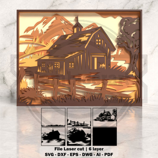 Farmhouse Barn Shadow Box Laser Cut File SVG DXF | 6 Layer Country Landscape Wall Art | Glowforge LightBurn Digital Download