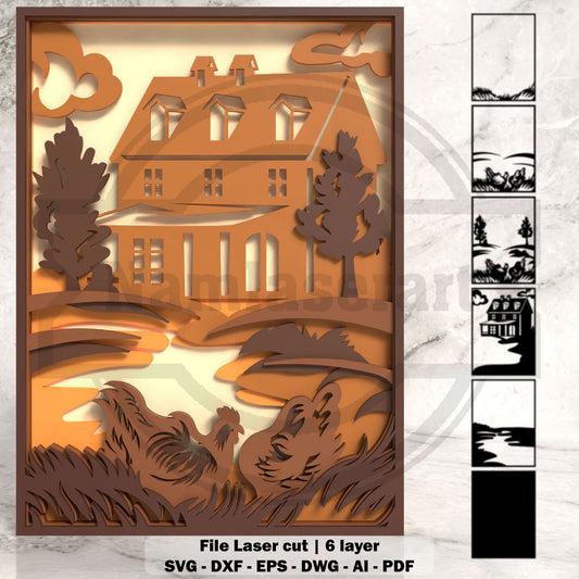 Farmhouse House Shadow Box Laser Cut File SVG DXF | Rooster Hen Country Wall Art | Glowforge LightBurn Digital Download