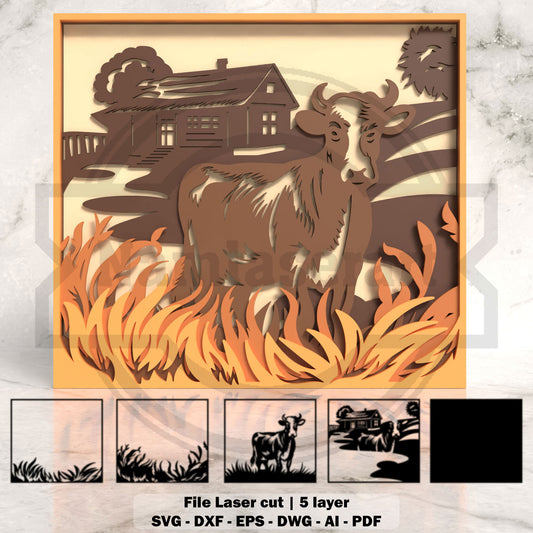 Cow Farmhouse Shadow Box Laser Cut File SVG DXF | 5 Layer Farm Animal Wall Art | Glowforge LightBurn Digital Download