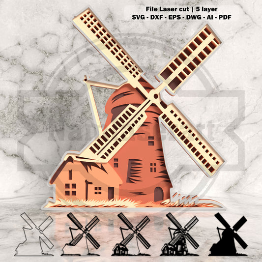 Windmill Layered Laser Cut File SVG DXF | Farmhouse Windmill Wall Art Template | Glowforge LightBurn Digital Download