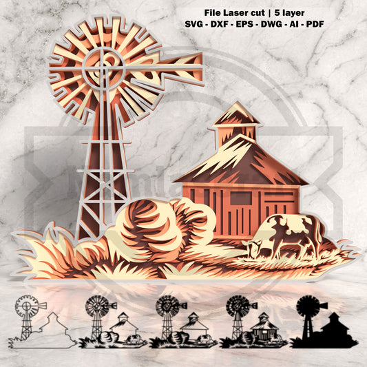 Farm Barn Windmill Layered Laser Cut File SVG DXF | Cow Farmhouse Wall Art Template | Glowforge LightBurn Digital Download