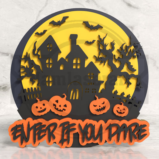 Enter If You Dare Halloween Round Sign Laser Cut File SVG DXF | Haunted House Pumpkin Wall Decor | Glowforge LightBurn Digital Download
