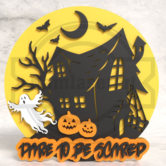 Dare To Be Scared Halloween Round Sign Laser Cut File SVG DXF | Haunted House Ghost Pumpkin Wall Decor | Glowforge LightBurn Digital Download