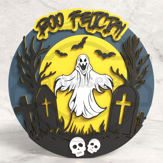 Boo Felicia Halloween Round Sign Laser Cut File SVG DXF | Ghost Graveyard Wall Decor | Glowforge LightBurn Digital Download