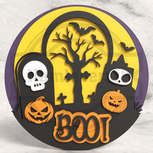 Boo Halloween Round Sign Laser Cut File SVG DXF | Pumpkin Skull Graveyard Wall Decor | Glowforge LightBurn Digital Download