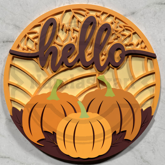 Hello Pumpkin Fall Round Sign Laser Cut File SVG DXF | Thanksgiving Autumn Door Decor Wood Template | Glowforge LightBurn Digital Download