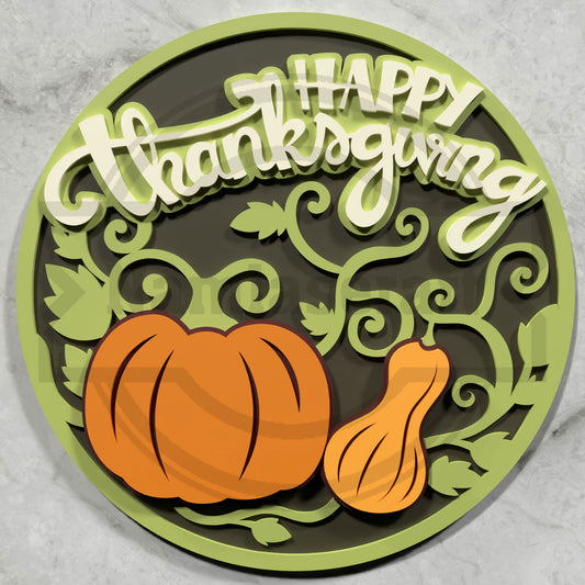 Happy Thanksgiving Pumpkin Round Sign Laser Cut File SVG DXF | Fall Door Decor Gourd Vine Wood Template | Glowforge LightBurn Digital Download