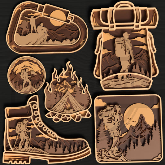 6 Multilayer Hiking SVG Bundle | Layered Outdoor Adventure Laser Cut Files | Backpack, Hiking Boot, Campfire, Hiker & Mountain Wall Art for Glowforge, xTool, LightBurn & CNC