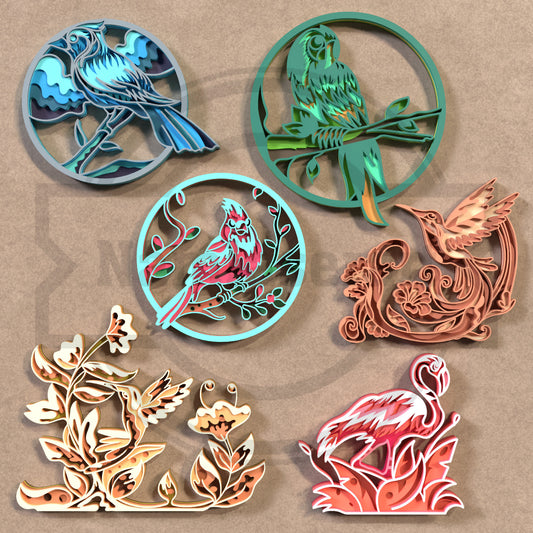 Bird SVG Bundle | Layered Bird Wall Art SVG Collection | Cardinal, Parrot, Flamingo & Hummingbird Laser Cut Files for Glowforge