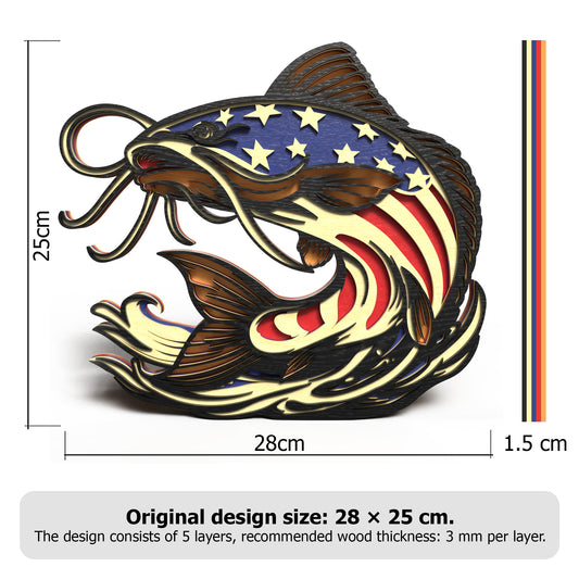 Patriotic Fishing SVG Bundle | American Flag Fish Laser Cut Files | Layered Bass, Catfish, Marlin & Fishing Decor SVG Bundle for Glowforge, xTool & CNC