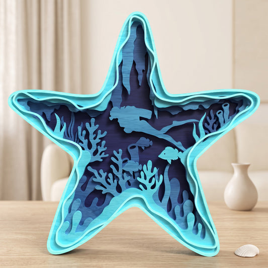 3D Multilayer Starfish Wall Art SVG DXF Ocean Scuba Diver Plaque Laser Cut Files Compatible with All Machines