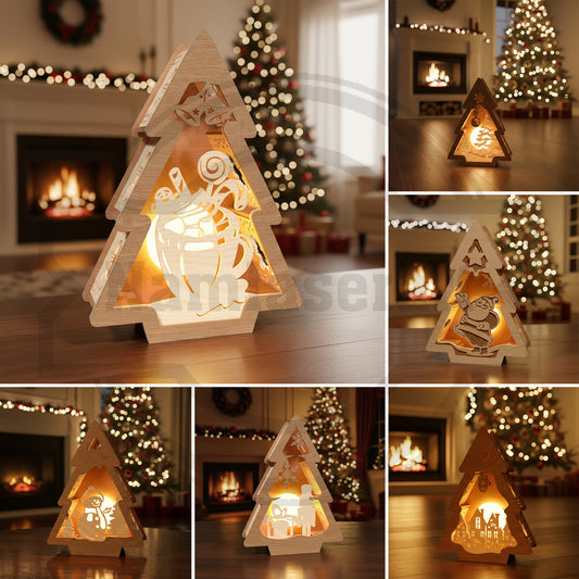 Christmas Tree Tea Light Holder SVG | Santa Claus Wooden Lantern Laser Cut File | Christmas Tree Candle Holder Glowforge SVG